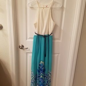Maxi dress with lace top, sheer bottom & belt